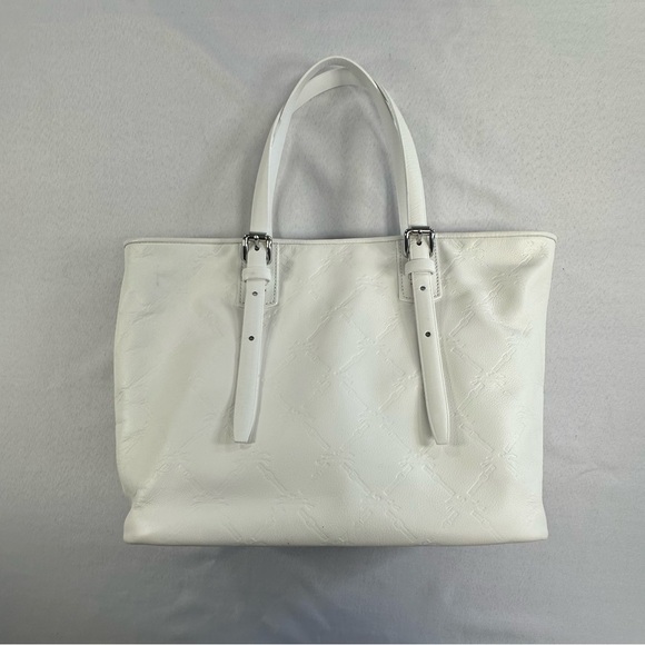 Longchamp • LM Cuir Embossed Logo Metal Luggage Tag White Double Shoulder RARE - Picture 4 of 14